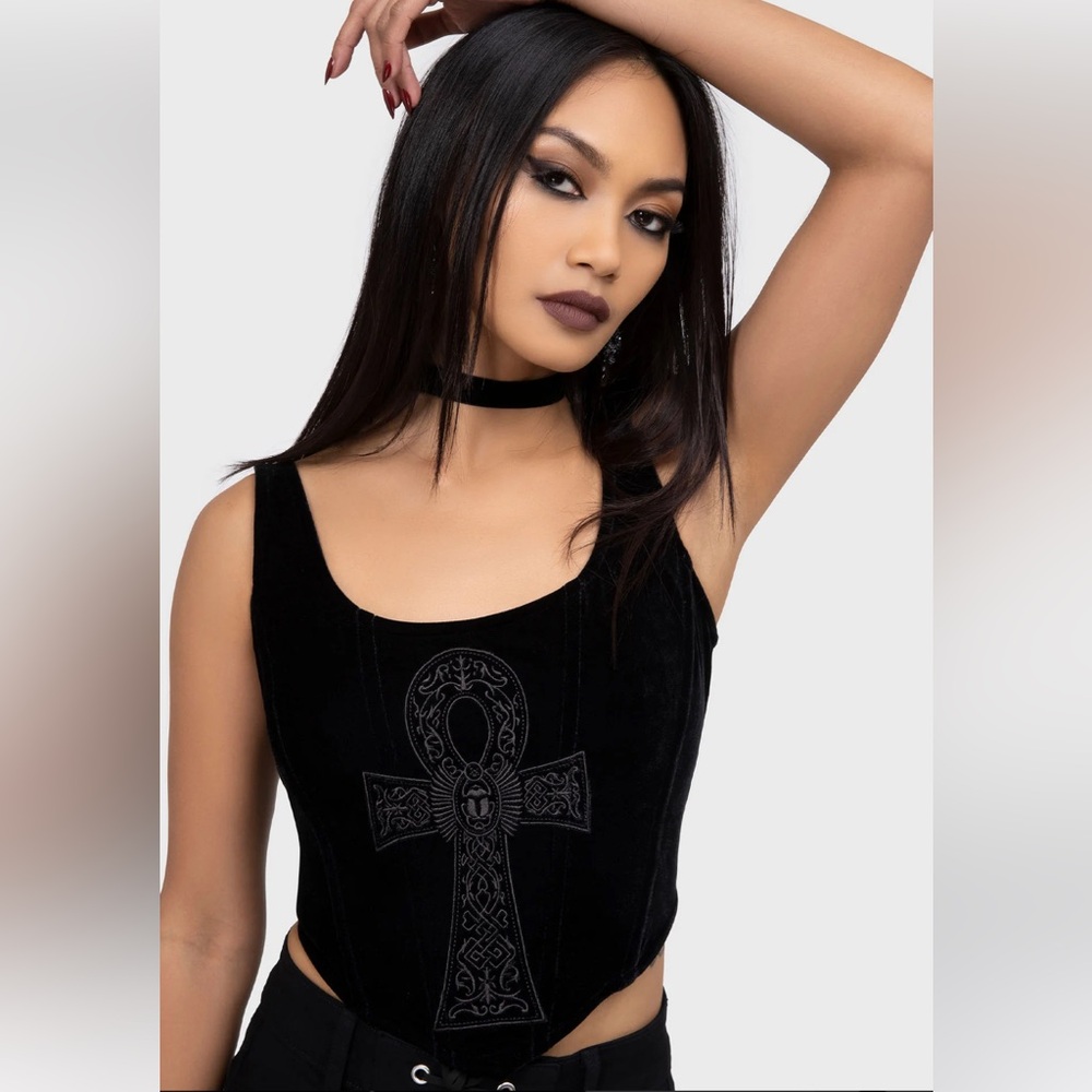 Killstar Black Velvet Ankh Crop Top